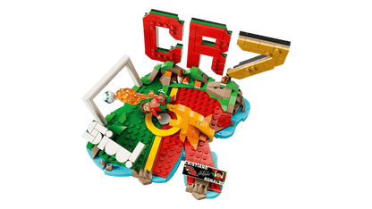 LEGO soccer highlights model with red CR7 letters, green field base, and golden ball