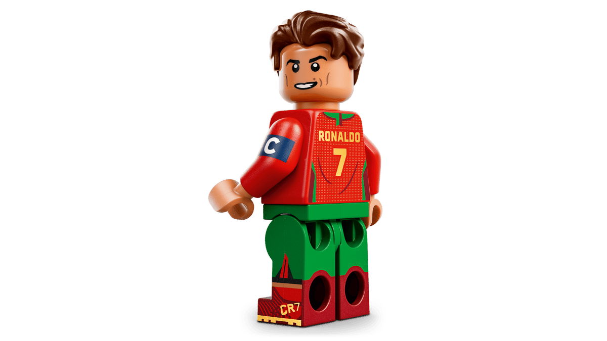 LEGO Ronaldo mini figure in red soccer jersey with number 7 and black legs