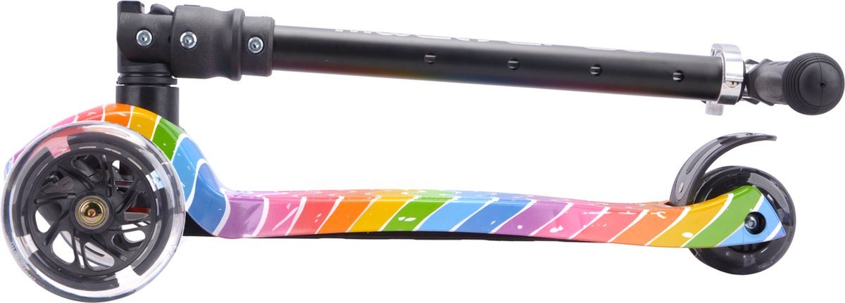 Kids' 3-wheel scooter with rainbow graphic deck and black handlebar grips.