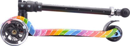 Kids' 3-wheel scooter with rainbow graphic deck and black handlebar grips.