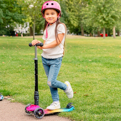 3-wheel kids scooter with pink handlebar cover, rainbow deck, and three wheels