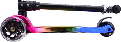 3-wheel kids scooter with black handlebar grips, rainbow deck, and three wheels