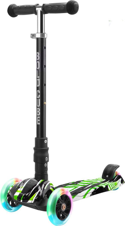 Kids 3-wheel scooter: black handlebar, green striped deck, bright green front wheels