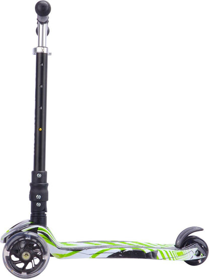 Kids 3-wheel scooter with black handlebar post and green-and-white striped footboard