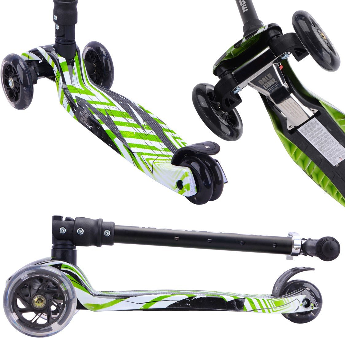 Kids 3-wheel scooter side view with green striped deck and black wheels with green accents