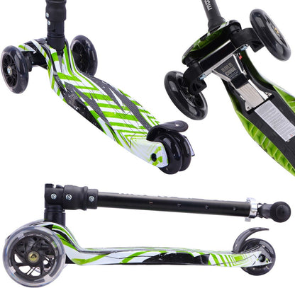 Kids 3-wheel scooter side view with green striped deck and black wheels with green accents