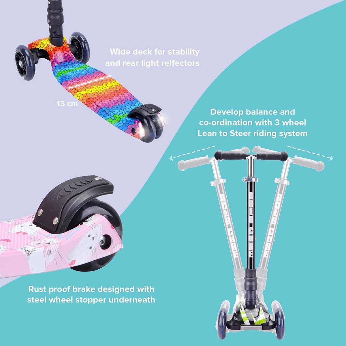 Kids 3-wheel scooter deck with rainbow pattern, black fender, flashing front wheels