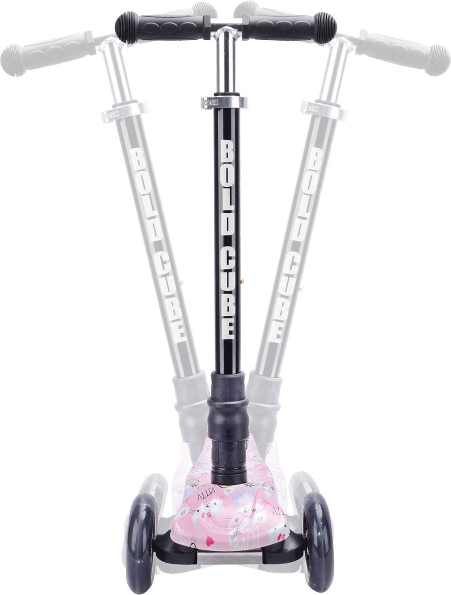 Kids 3-wheel scooter with pink graphic deck, black wheels, white folding frame, grips
