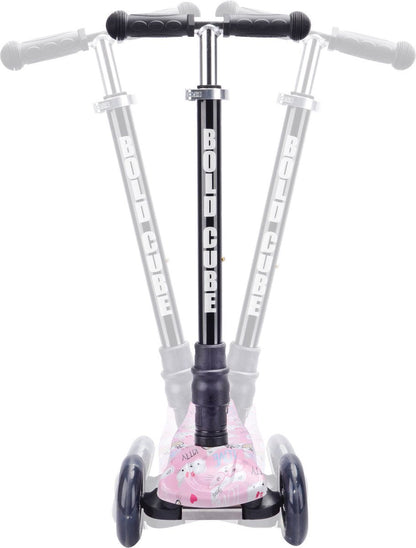 Kids 3-wheel scooter with pink graphic deck, black wheels, white folding frame, grips