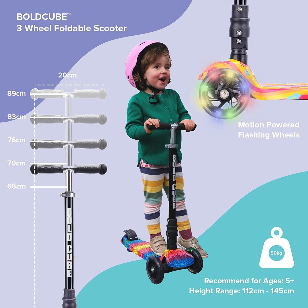 Kids 3-wheel foldable scooter with pink graphic deck and multicolor flashing wheels