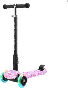 Kids 3-wheel scooter with pink graphic deck, green front wheels, black handlebar