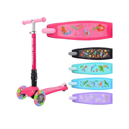 Pink 3-wheel scooter with animal graphics deck; extra colorful replacement decks shown