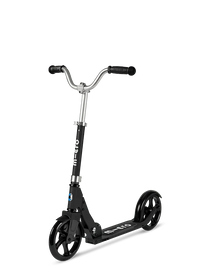 Black folding kick scooter with silver handlebar and small blue details