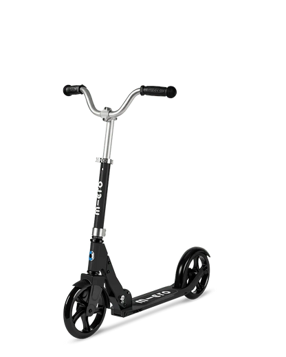 Black folding kick scooter with silver handlebar and small blue details