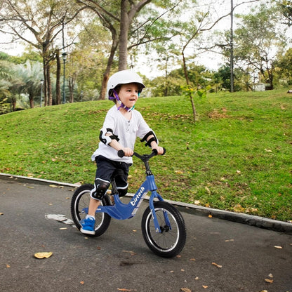 Kids balance bike, blue frame, black wheels and saddle, side view