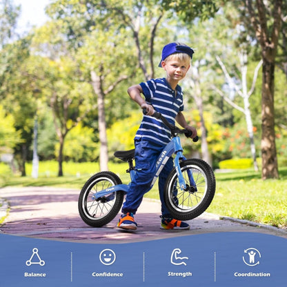 Kids balance bike with blue frame and black saddle, front three-quarter view