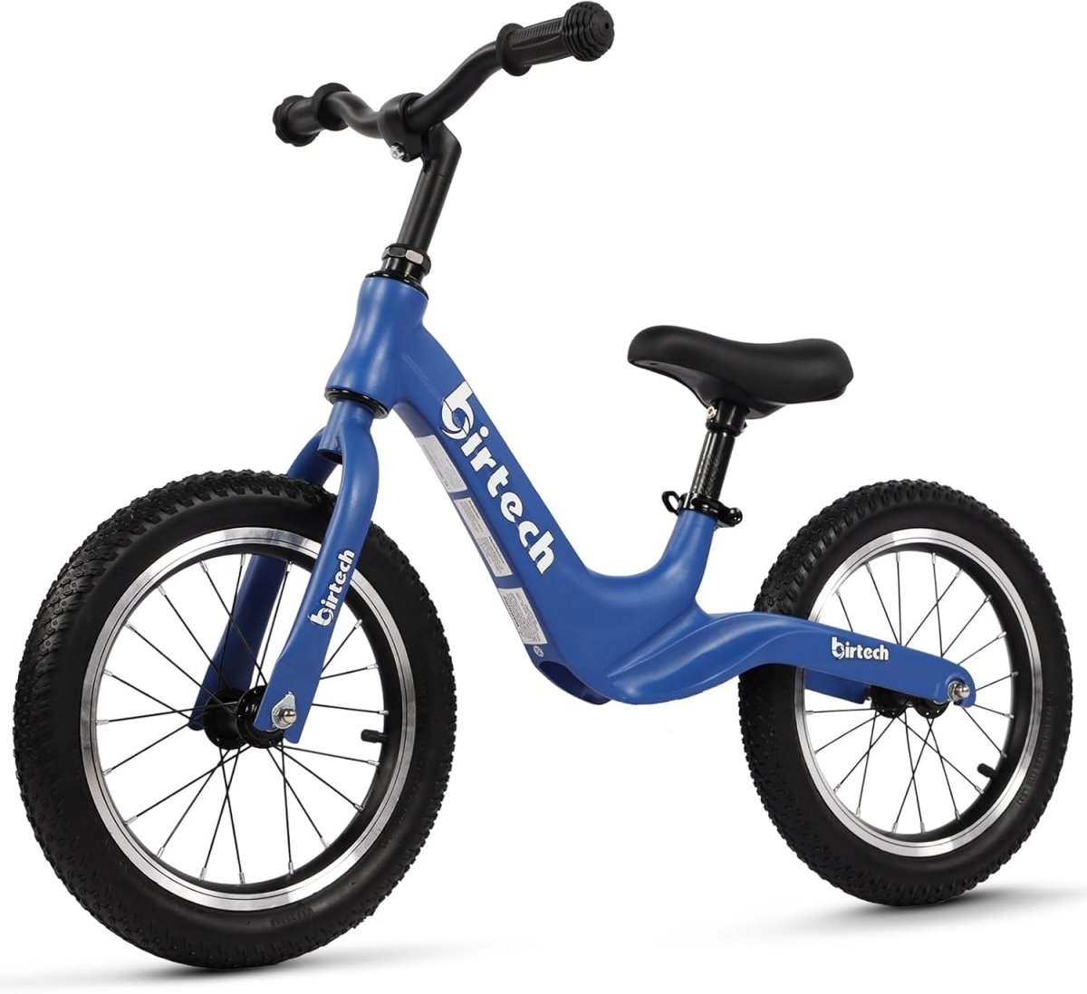 14" kids balance bike, blue frame, black seat and handlebars, front wheel close-up