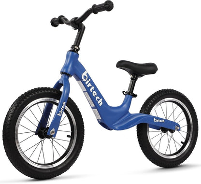 14" kids balance bike, blue frame, black seat and handlebars, front wheel close-up