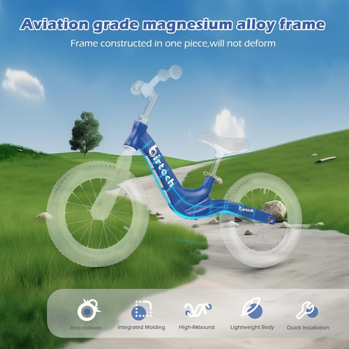 Blue 14" kids balance bike, full side profile on a path