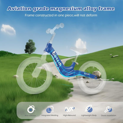 Blue 14" kids balance bike, full side profile on a path