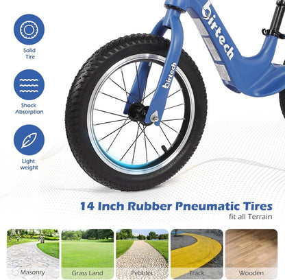 14" kids balance bike front wheel with rubber pneumatic tires, close-up