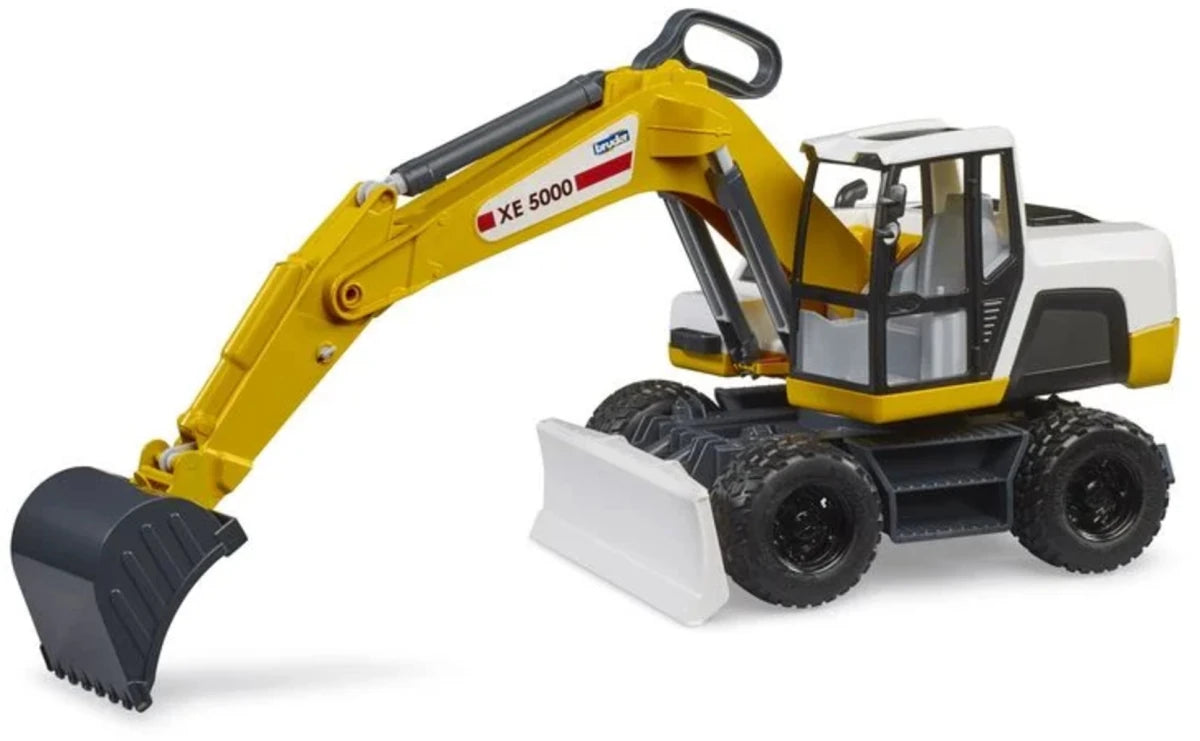 Yellow excavator toy with front loader bucket, dark tracks, and articulated arm