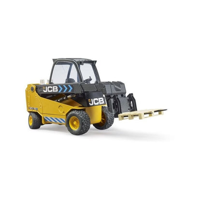 JCB teletruck with pallet, yellow forklift with extended forks and pallet load