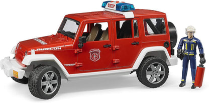 Red and white fire brigade Jeep Wrangler toy with firefighter figure and extinguisher