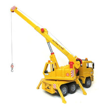 Yellow toy crane truck with long boom and hanging hook