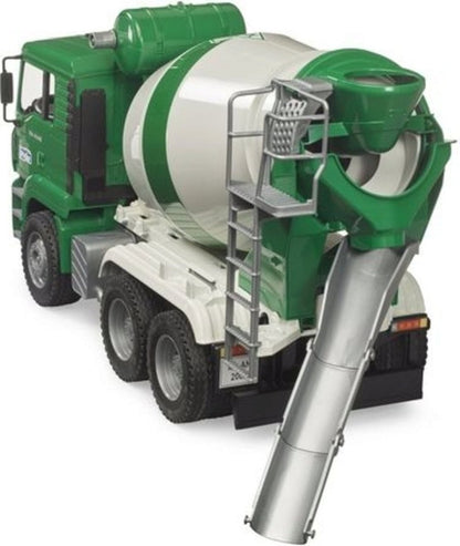 Cement mixer truck drum with chute, green cab and white drum stripes