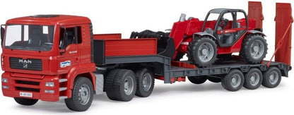 MAN TGA Low Loader mit Fahrerhaus und Traktor auf Ladefläche, rot