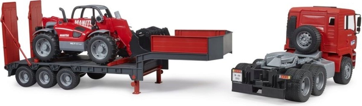 MAN TGA Low Loader mit Traktor und roter Pritsche, Seitenansicht