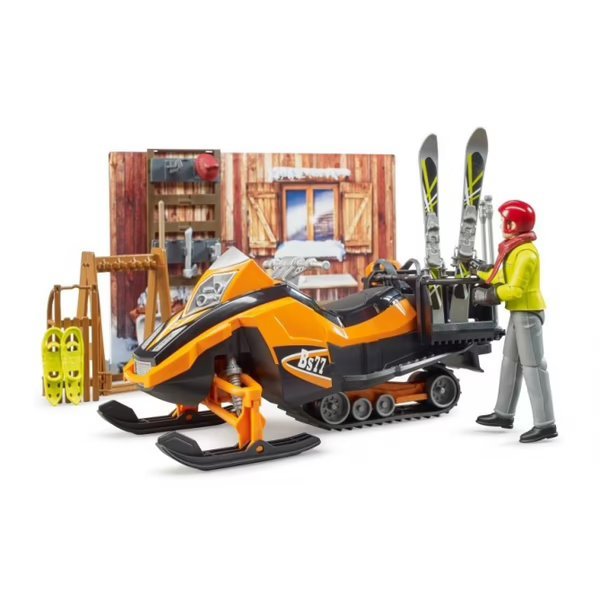 Orange snowmobile with driver figurine and ski racks, plus ski accessories