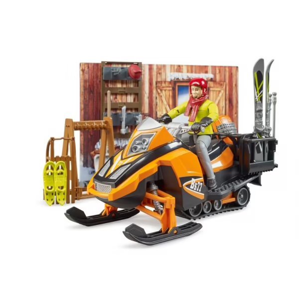 Orange snowmobile and red-hooded figurine, front view