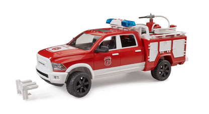 Rot-weißes Feuerwehrauto-Toy Ram 2500 mit blauen Blaulichtern und Ausrüstung