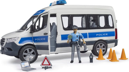 Police emergency vehicle toy van with front officer figure, cones, and warning sign