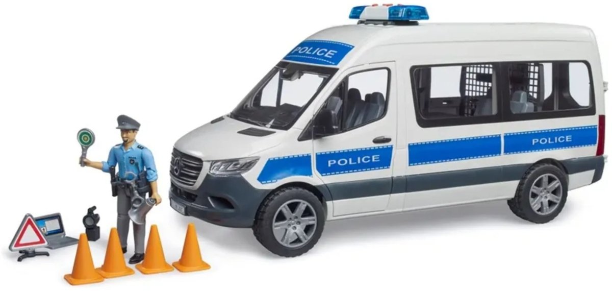 Police emergency vehicle toy van with blue stripe, roof light, and officer with cones