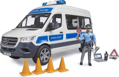 Police emergency vehicle toy van with officer holding device, cones, and hazard triangle