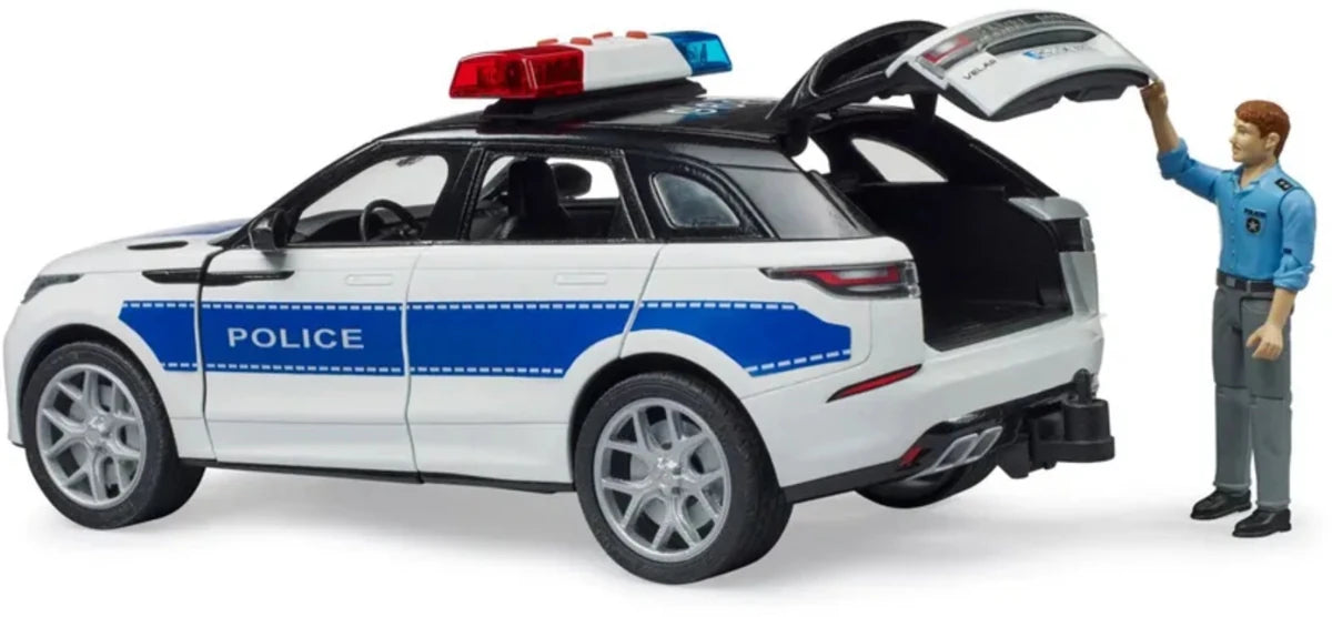 Polizeifahrzeug Range Rover weiß/blau, Seitansicht; Tür geöffnet; Polizeifigur rechts