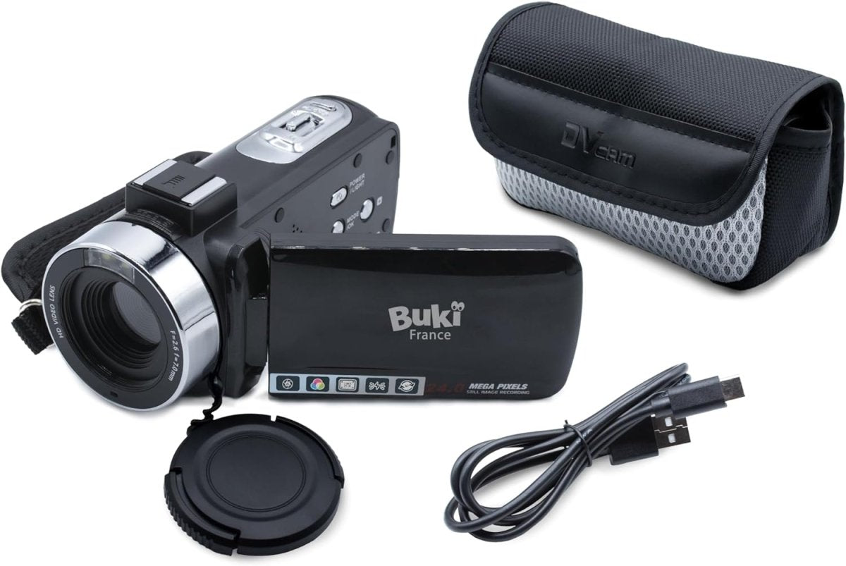 Camcorder with lens, LCD panel, included lens cap, USB cable, and dark case