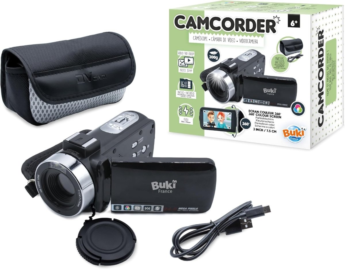 Camcorder with lens and LCD screen, shown with carrying case and accessories