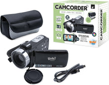 Camcorder with lens and LCD screen, shown with carrying case and accessories