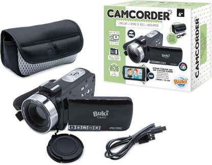 Camcorder with lens and LCD screen, shown with carrying case and accessories