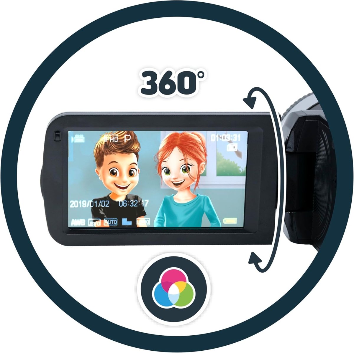 Camcorder LCD screen with colorful video scene and 360° arrow graphic