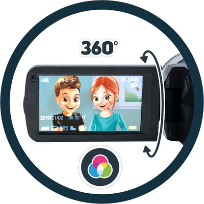 Camcorder LCD screen with colorful video scene and 360° arrow graphic
