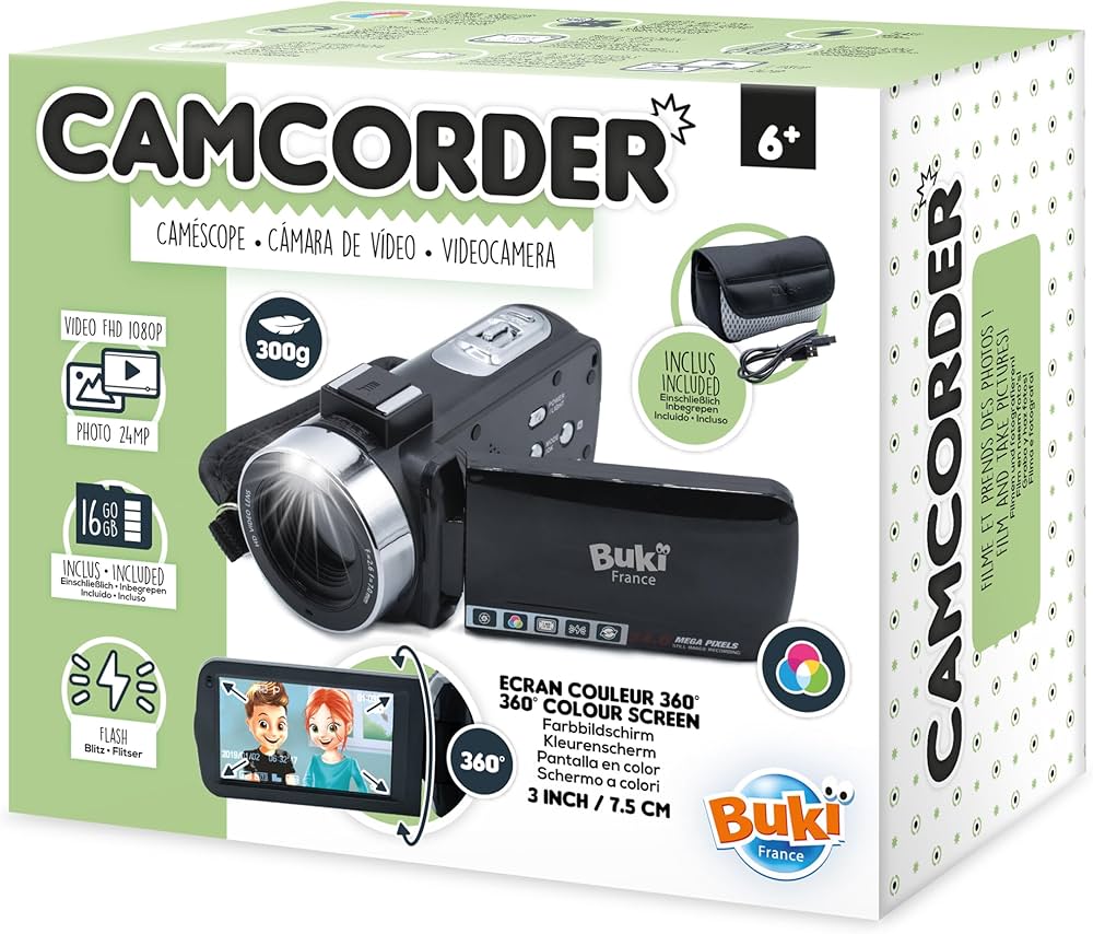 Camcorder retail box with device photo and 360° color screen callout