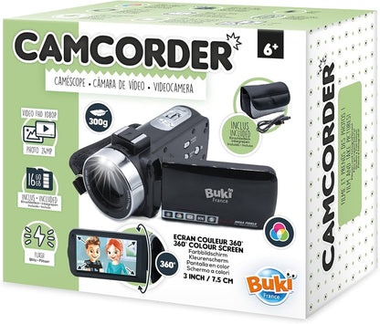 Camcorder retail box with device photo and 360° color screen callout