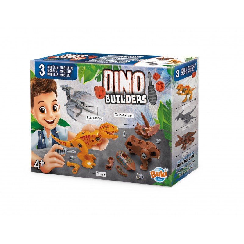 Dino construction set box with dinosaur models and building pieces, 3 models shown