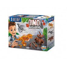 Dino construction set box with dinosaur models and building pieces, 3 models shown