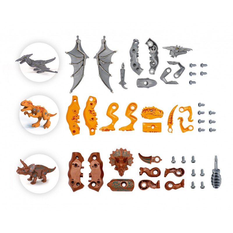 Assorted dinosaur construction parts and accessories in gray, orange, and brown